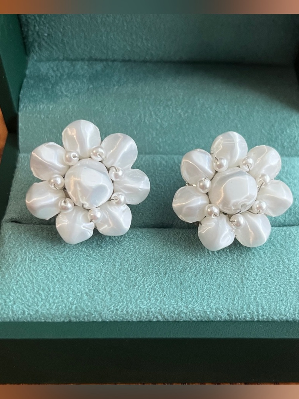Pair of Vintage White Floral Faux Pearl Clip-On Earrings